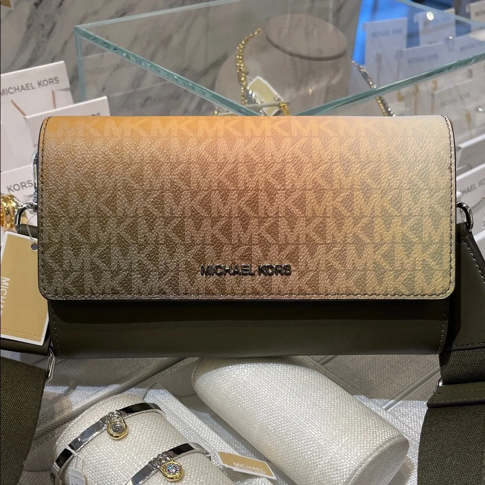 MICHAEL KORS Jet Set Large Ombré Signature Logo Crossbody Bag Olive Multi NWT